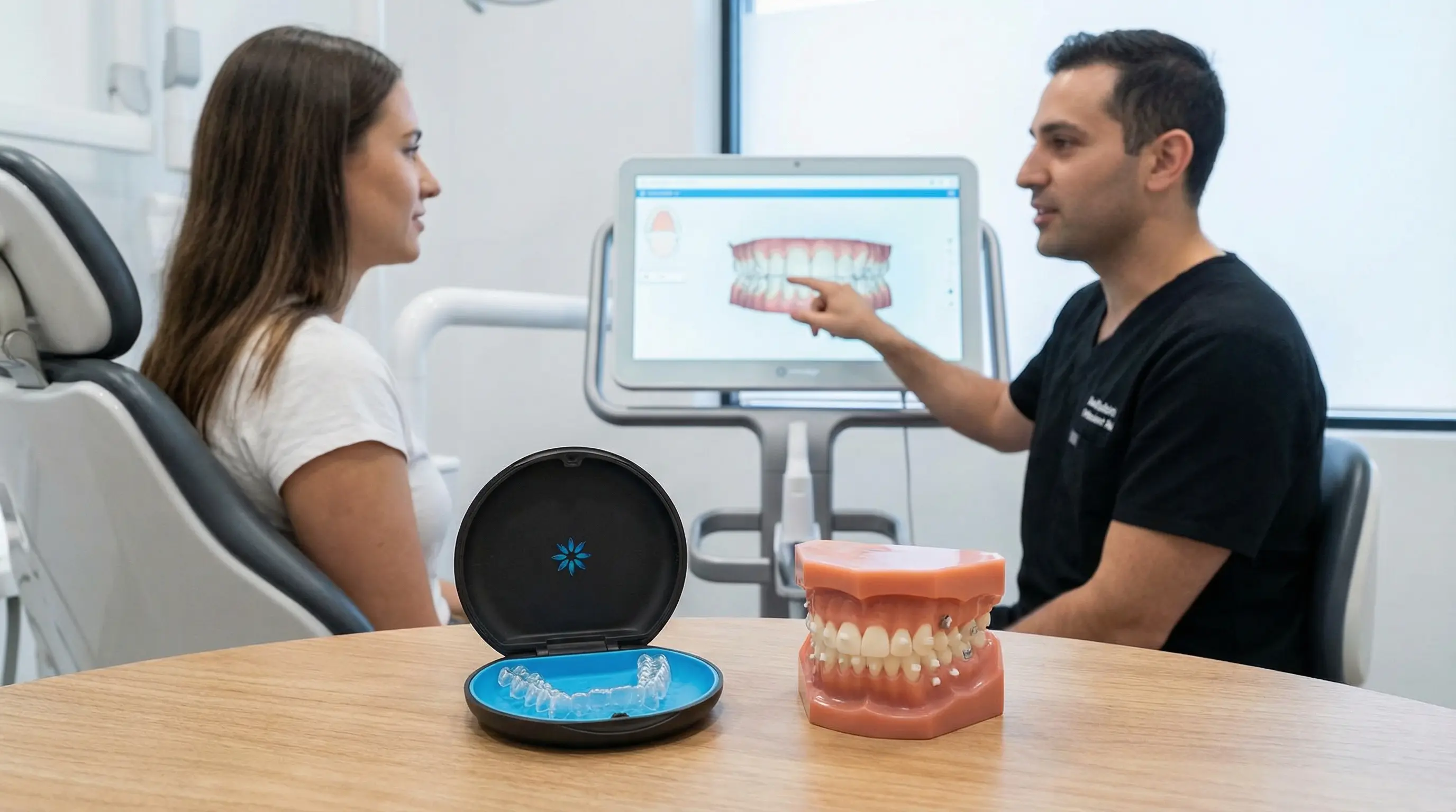 A patient happily wearing near-invisible clear aligners for their orthodontic treatment